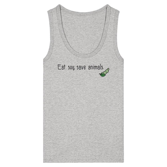 Damen-Bio-Tanktop mit Slogan Eat soy, save animals. und grüner Sojabohnen-Illustration, aus 100% Bio-Baumwolle, betont vegane und nachhaltige Lebensweise.