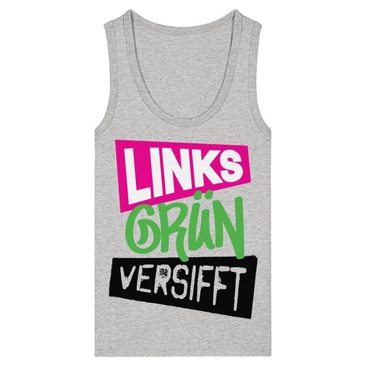 Heather-graues Tanktop aus 100% Bio-Baumwolle, mit zentralem, dreifarbigen Schriftzug LINKS GRÜN VERSIFFT. Enganliegende Passform, ärmellos, von RUDE REBEL.