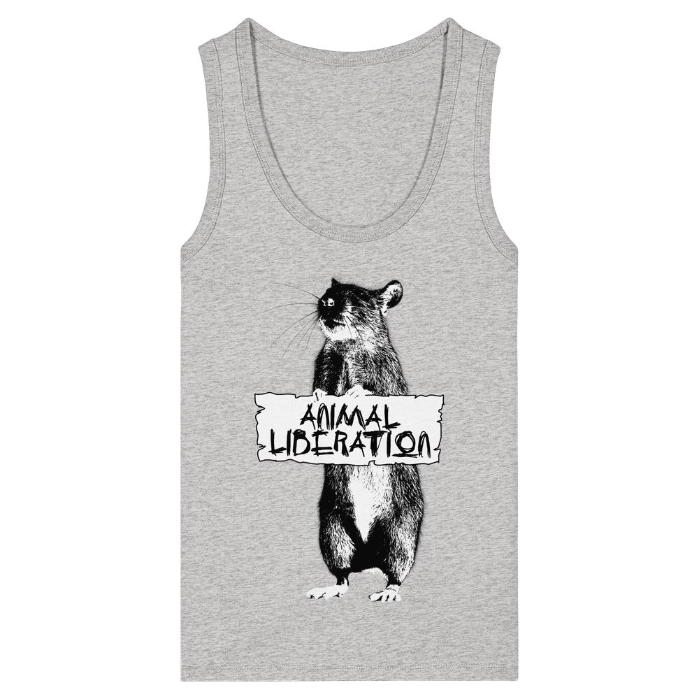 Lightgray ärmelloses Tanktop, eng anliegend, mit schwarzer Illustration: Eine Ratte hält ein Schild Animal Liberation. Design inspiriert von Banksy, aus 100% Bio-Baumwolle.