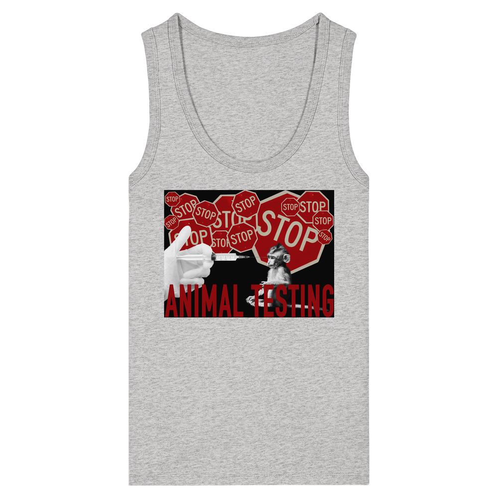 Vegan und Bio Ladies Tank Top: STOP ANIMAL TESTING! Mit Anti-Tierversuchs-Grafik, zeigt Spritze und Affe. Hergestellt aus 100% Bio-Baumwolle, eng anliegend.