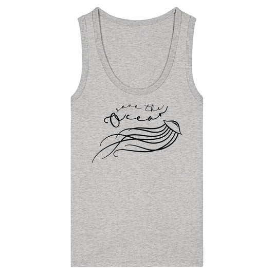Vegan und Bio Ladies Tank Top: Jellyfish - Save the Ocean mit schwarzem Quallen-Design und Aufschrift save the Ocean auf hellgrauem, ärmellosem Shirt aus 100% Bio-Baumwolle.