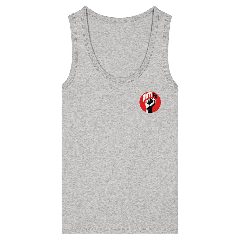 Damen-Tanktop in meliertem Grau mit Rundhalsausschnitt und kleinem ANTIFA-Logo vorne