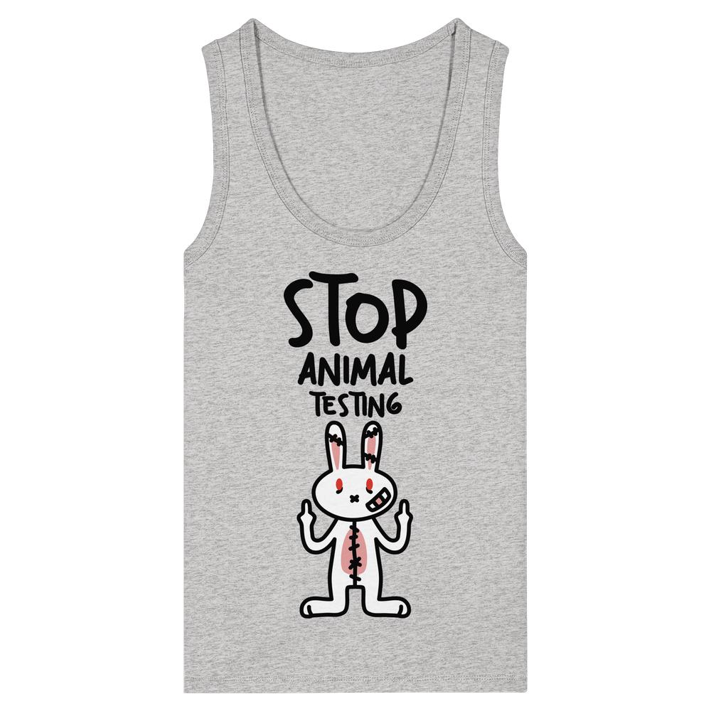 Damen-Top ohne Ärmel, grau meliert, U-Ausschnitt, Aufdruck „Stop Animal Testing“