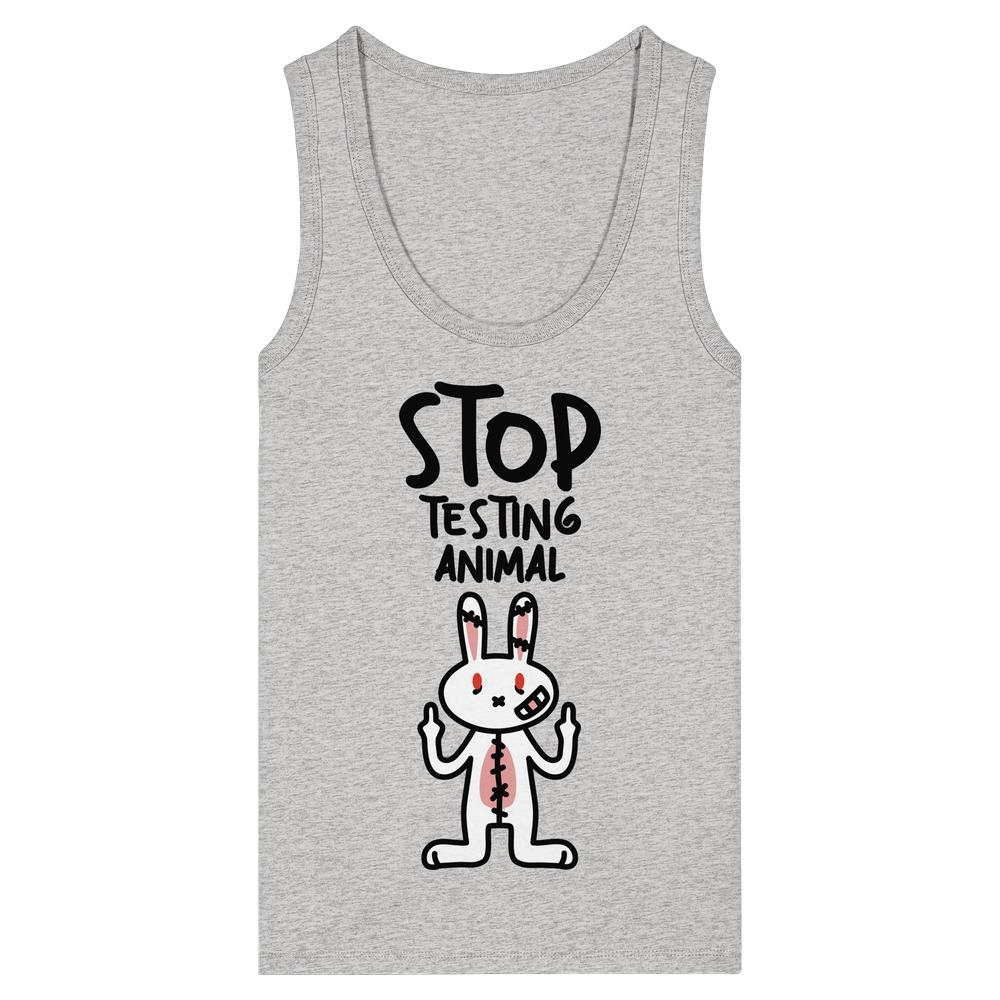 Ärmelloses Tank-Top aus Bio-Baumwolle mit Cartoon-Hasen und STOP TESTING ANIMAL-Slogan, rebellisch gegen Tierversuche. Design: Vegan und Bio Ladies Tank-Top: Angry Rabbit - Animal Rights.