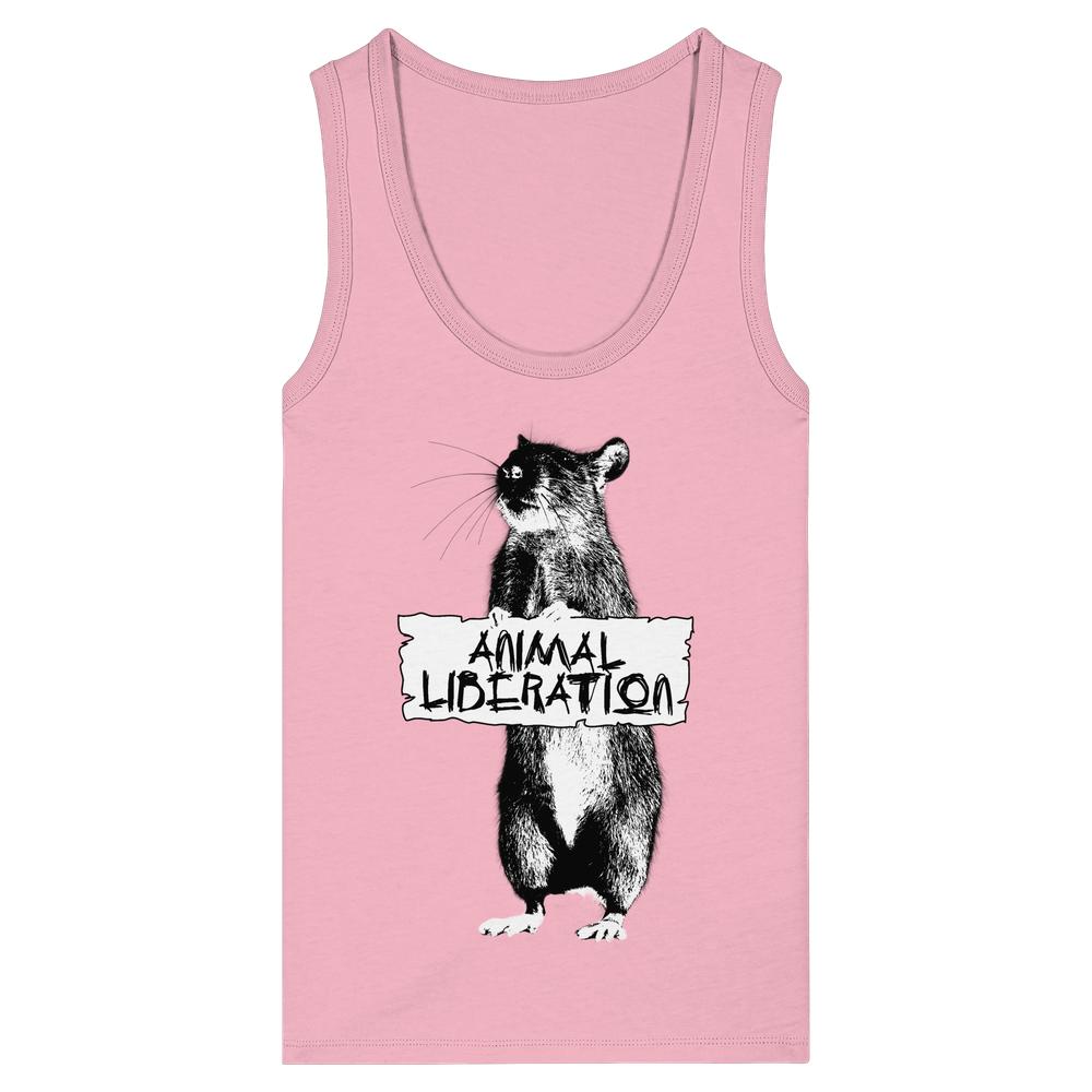 Ärmelloses Tanktop mit schwarzer Grafik einer Ratte, die ein ANIMAL LIBERATION Schild hält. Enganliegende Passform, 100% Bio-Baumwolle, inspiriert von Banksy's Street Art.