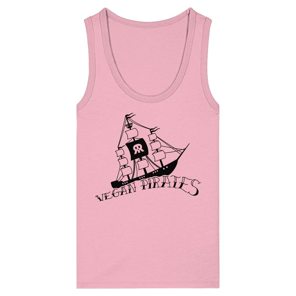 Ärmelloses, eng anliegendes Tanktop mit VEGAN PIRATES-Schriftzug und Segelschiff-Grafik, aus 100% Bio-Baumwolle, von RUDE REBEL, repräsentiert vegane und nachhaltige Mode.
