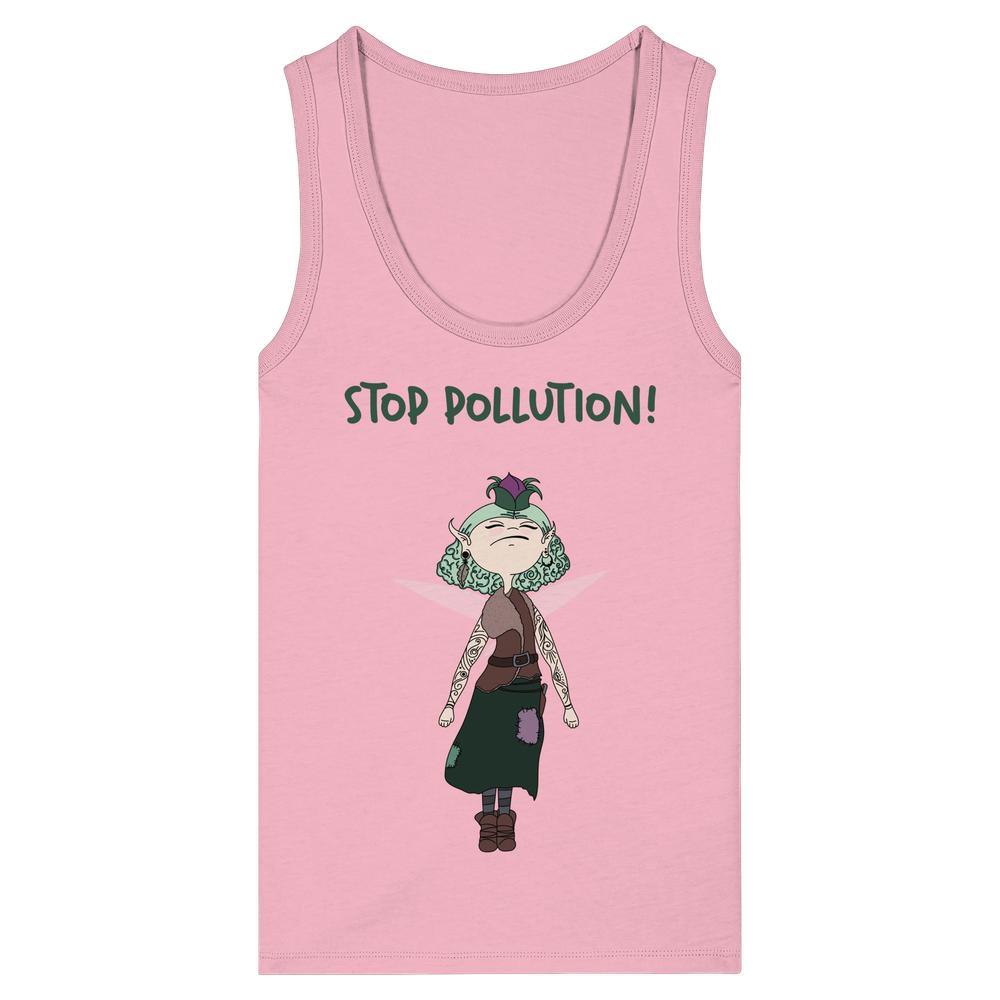 Vegan und Bio Ladies Tank Top: STOP POLLUTION! - Krawall Fee mit Cartoon-Charakter und Slogan, aus 100% Bio-Baumwolle, ärmellos, eng anliegend, von RUDE REBEL.