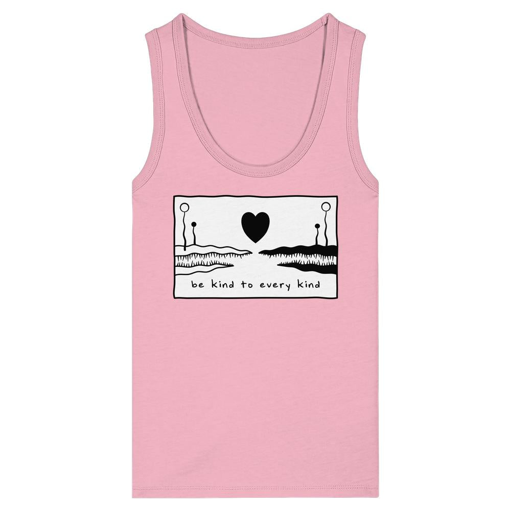Vegan und Bio Ladies Tank Top: Be kind to every kind, mit abstraktem Motiv und Slogan auf der Vorderseite, aus 100% Bio-Baumwolle, eng anliegend und ärmellos.