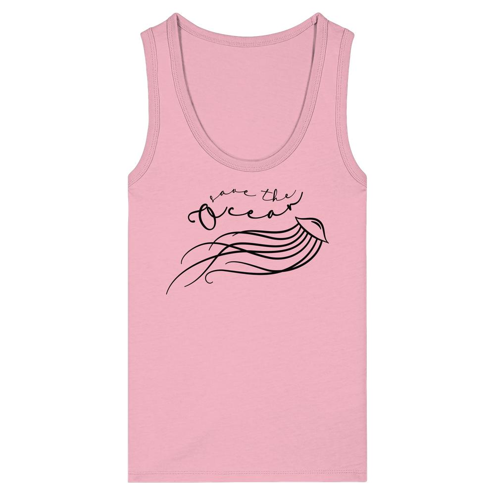 Vegan und Bio Ladies Tank Top: Jellyfish - Save the Ocean, zeigt eine filigrane Qualle mit dem Slogan, betont den Schutz der Ozeane.
