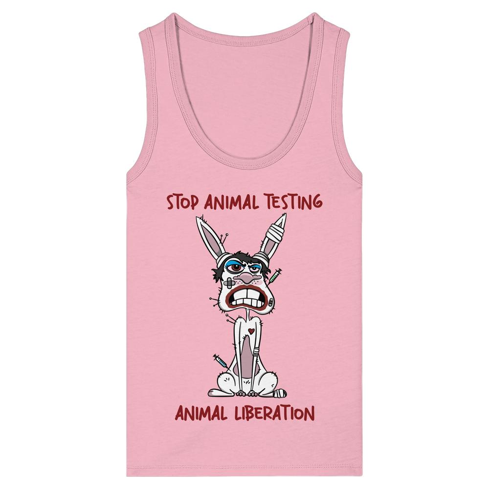 Pinkes ärmelloses Tank-Top mit bedrücktem Cartoon-Hasen, gespickt mit Spritzen und Verbänden, und den Slogans „STOP ANIMAL TESTING“ und „ANIMAL LIBERATION“. Vegan und Bio Ladies Tank Top.
