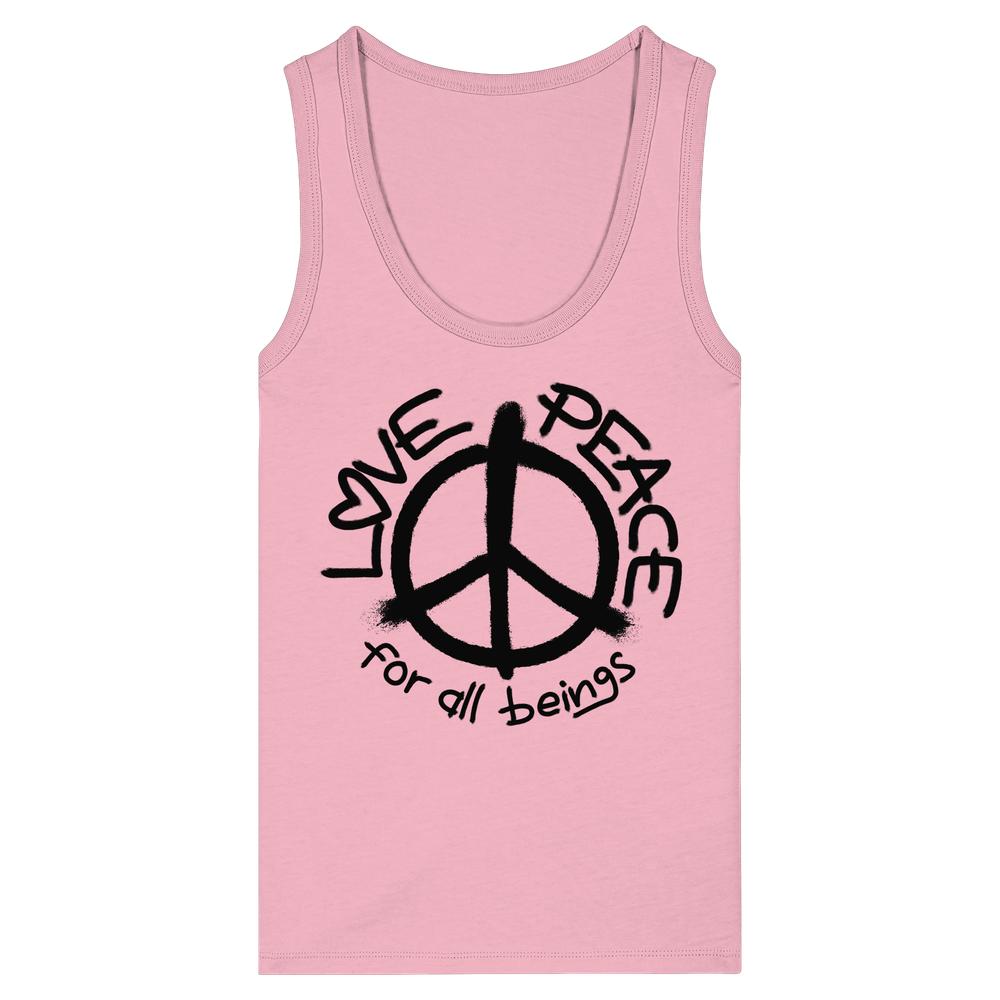 Damen-Tanktop in Cotton Pink mit Peace-Zeichen und „for all beings“ Aufdruck.