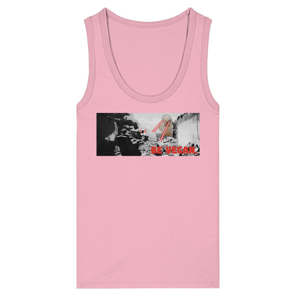 Vegan und Bio Ladies Tank-Top BE VEGAN. - Angry bird mit post-apokalyptischem Motiv und rotem BE VEGAN! Slogan, aus 100% Bio-Baumwolle, ärmellos, eng anliegend.