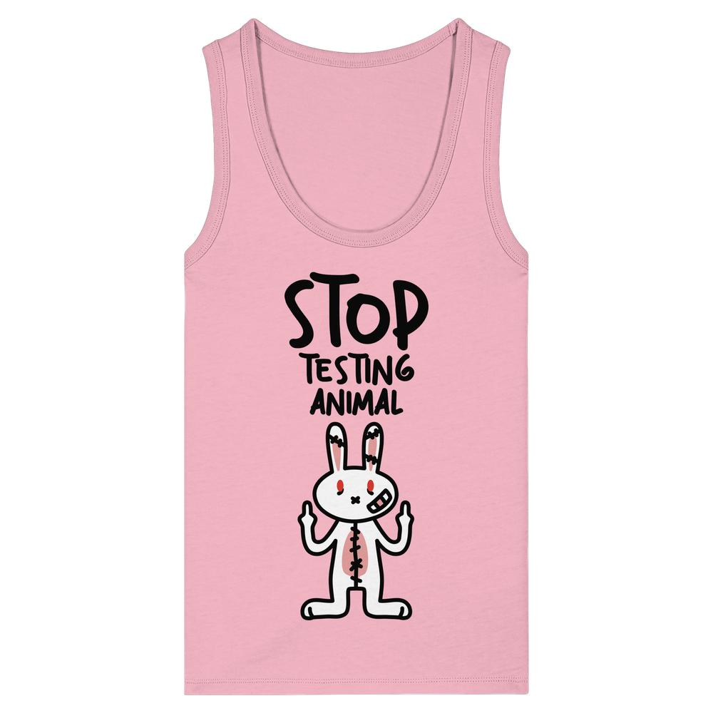 Veganes Bio-Damen-Tanktop: Cartoon-Hase mit Stichen und Bandagen zeigt Mittelfinger, Slogan „STOP TESTING ANIMAL“. Enganliegende Passform, 100% Bio-Baumwolle, von RUDE REBEL.