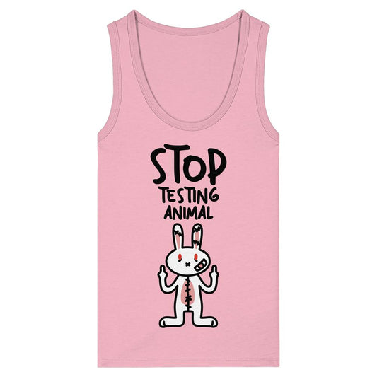 Veganes Bio-Damen-Tanktop: Cartoon-Hase mit Stichen und Bandagen zeigt Mittelfinger, Slogan „STOP TESTING ANIMAL“. Enganliegende Passform, 100% Bio-Baumwolle, von RUDE REBEL.