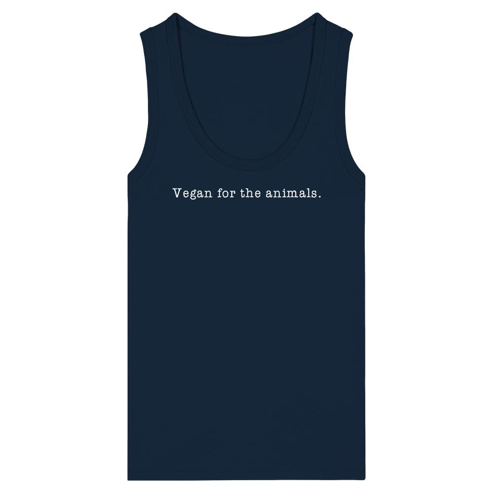 Dunkelblaues Damen-Tanktop mit Vegan for the animals. in Weiß, aus 100% Bio-Baumwolle, minimalistisch gestaltet. Enganliegend, ärmellos, von RUDE REBEL.