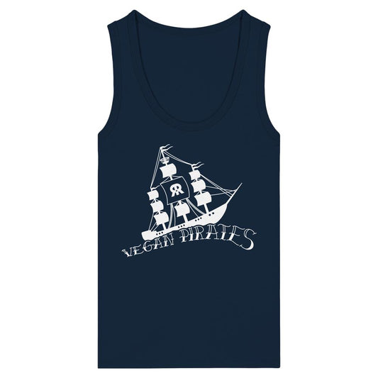 Dunkelblaues Tanktop mit Segelschiff-Grafik und VEGAN PIRATES-Schriftzug. Enganliegende Passform aus 100% Bio-Baumwolle. Ideal für vegane, rebellische Mode.