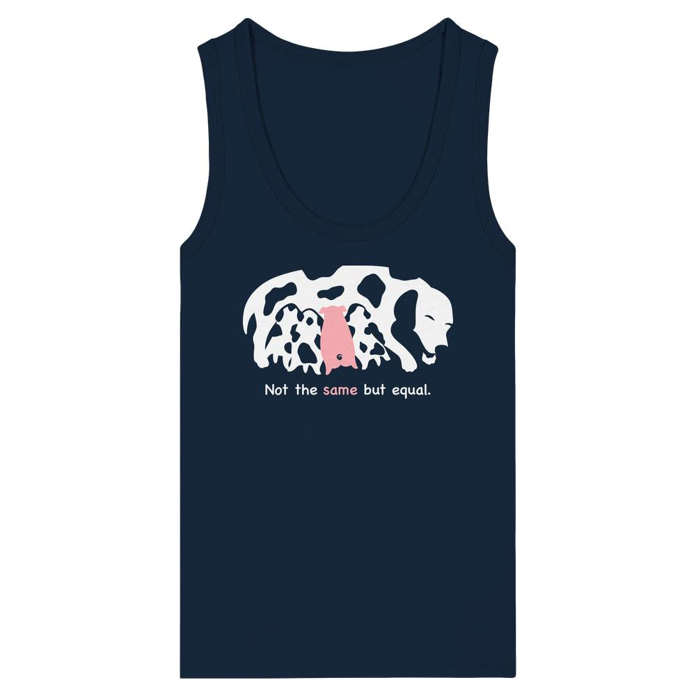 Damen Tank Top Animal equality mit Kuh- und Schweinesilhouette, Slogan Not the same but equal, aus Bio-Baumwolle, betont Tierliebe und Gleichheit.