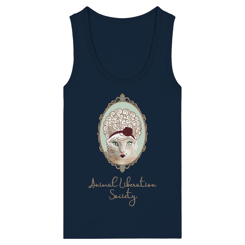 Navyblaues Bio-Damen-Tanktop mit oval gerahmtem Katzenporträt und Slogan „Animal Liberation Society“, betont Tierrechte.