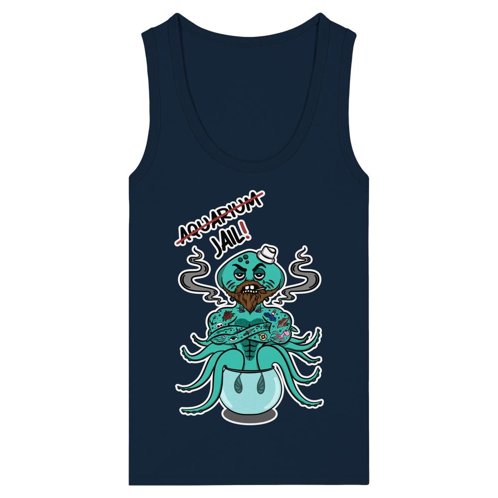 Vegan und Bio Ladies Tank Top: Animal Rights - Aquarium=Jail! zeigt einen Cartoon-Oktopus mit Bart und Tattoos in einem Fischglas, humorvoll Tierrechte thematisierend.