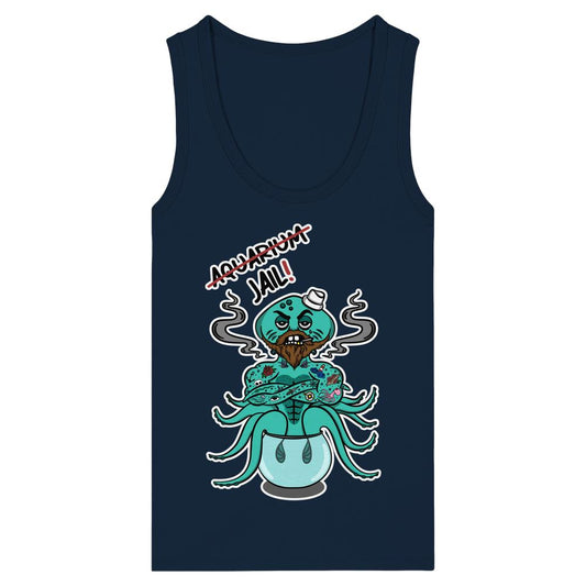 Vegan und Bio Ladies Tank Top: Animal Rights - Aquarium=Jail! zeigt einen Cartoon-Oktopus mit Bart und Tattoos in einem Fischglas, humorvoll Tierrechte thematisierend.