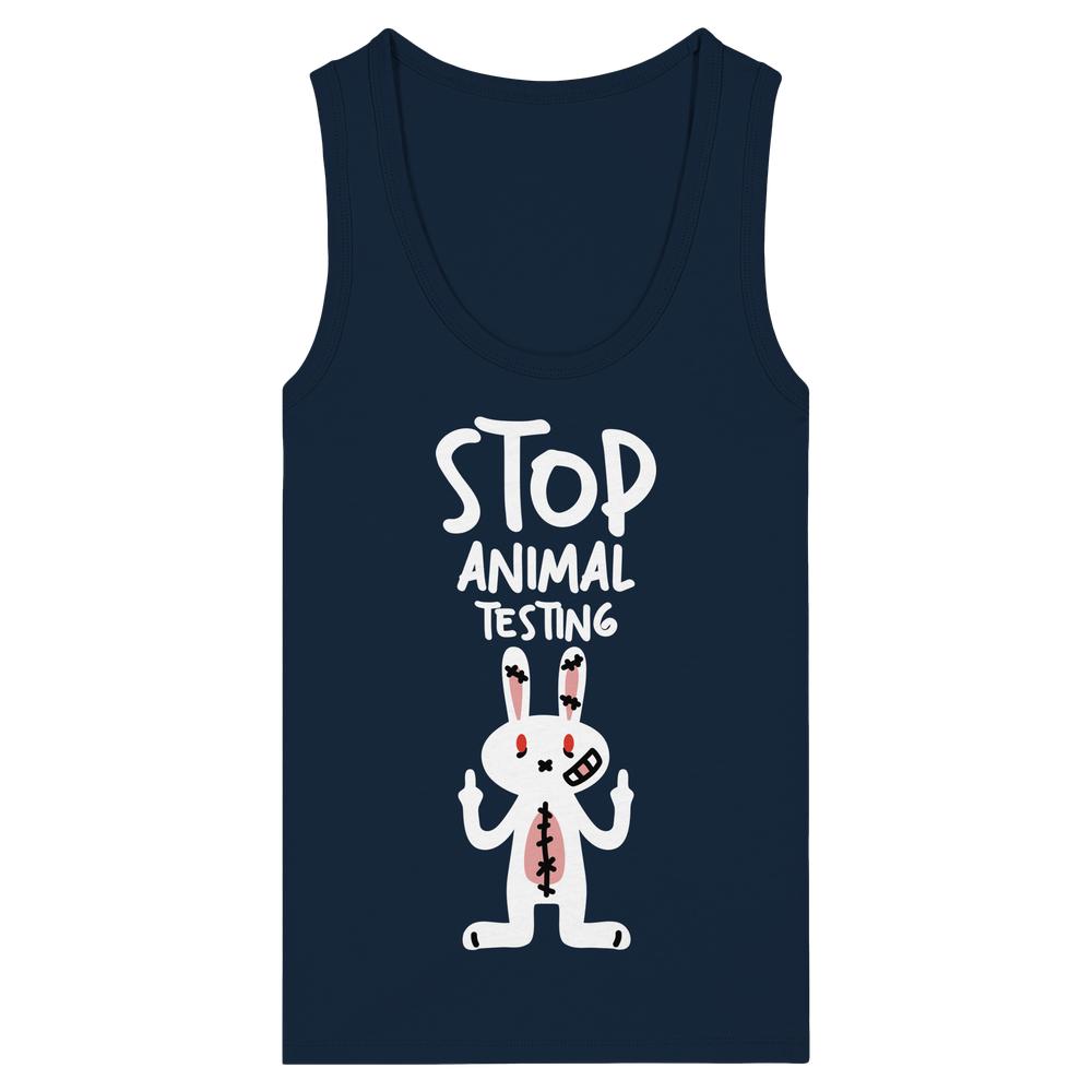 Damen-Top ohne Ärmel, dunkelblau, U-Ausschnitt, Aufdruck „Stop Animal Testing“ mit Häschen