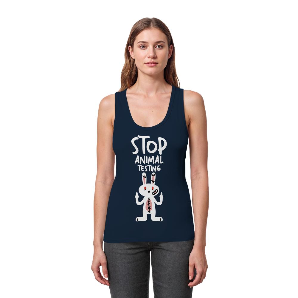 Damen-Top ohne Ärmel, dunkelblau, U-Ausschnitt, Aufdruck „Stop Animal Testing“ am Modell