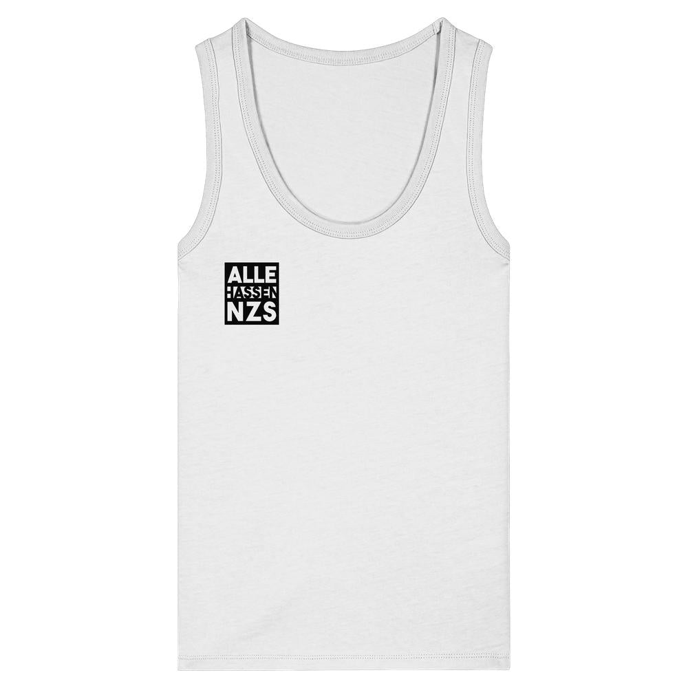 Vegan und Bio Ladies Tank Top mit schwarzem ALLE HASSEN NZS!-Grafik-Print auf der Brust, ärmellos, aus 100% Bio-Baumwolle, enganliegende Passform.