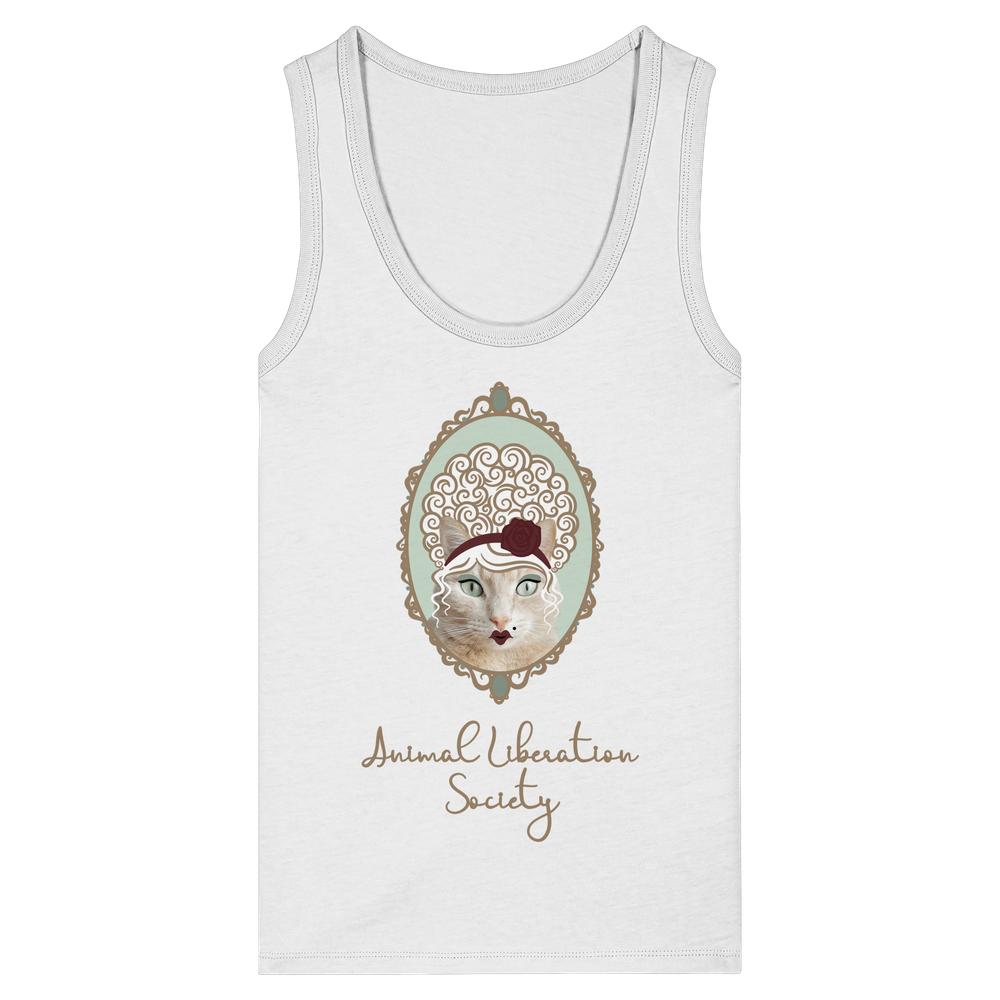 Vegan und Bio Ladies Tank Top: Miss Cat - Animal Liberation Society, weiß, ärmellos, mit Katzenporträt und Slogan, aus 100% Bio-Baumwolle gefertigt, figurbetont, von RUDE REBEL.