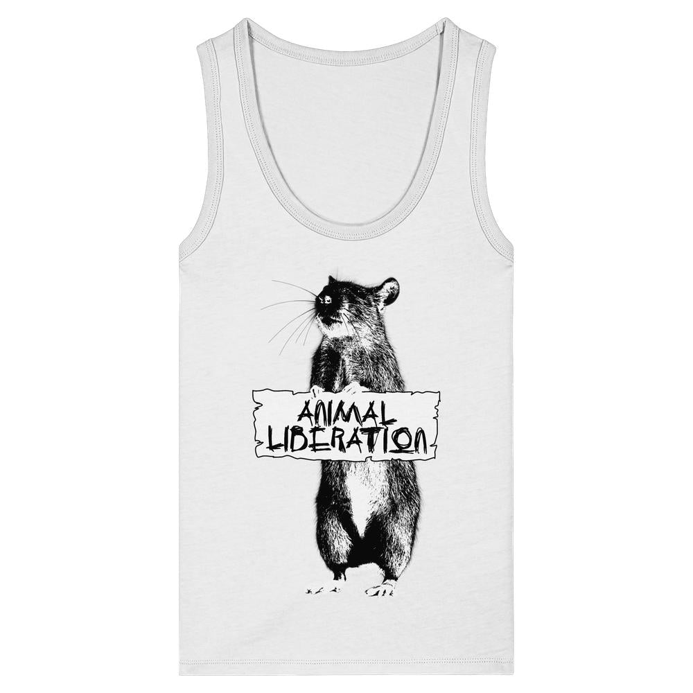 Vegan und Bio Ladies Tank Top: Weißes ärmelloses Shirt mit Rattenmotiv und ANIMAL LIBERATION-Schild, inspiriert von Banksy's Street Art, aus 100% Bio-Baumwolle.