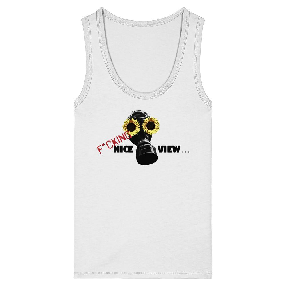 Vegan und Bio Ladies Tank Top: Sunflower Mask - F*cking nice view... mit schwarzem Gasmaske-Design und gelben Sonnenblumen, aus 100% Bio-Baumwolle, ärmellos, von RUDE REBEL.