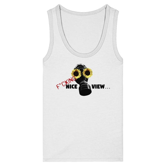 Vegan und Bio Ladies Tank Top: Sunflower Mask - F*cking nice view... mit schwarzem Gasmaske-Design und gelben Sonnenblumen, aus 100% Bio-Baumwolle, ärmellos, von RUDE REBEL.