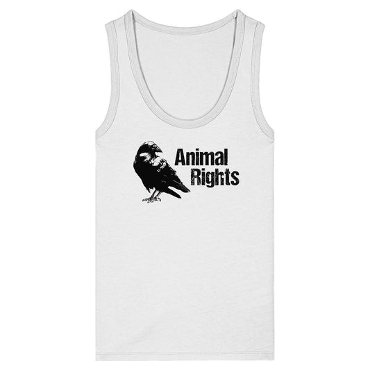 Ärmelloses, eng anliegendes Tanktop aus Bio-Baumwolle mit schwarzem Rabenmotiv und Animal Rights-Schriftzug, passend zur veganen und nachhaltigen Marke RUDE REBEL.