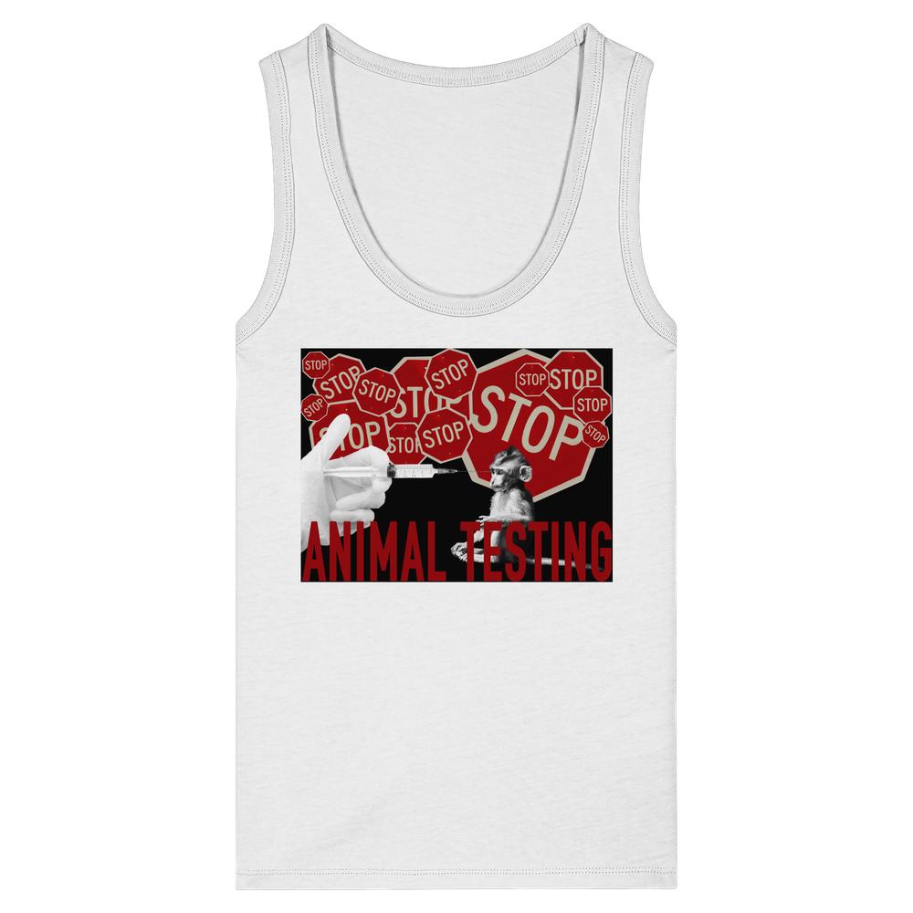 Vegan und Bio Ladies Tank Top: STOP ANIMAL TESTING! mit auffälligem Anti-Tierversuchsdesign, rote Stoppschilder und Spritze, 100% Bio-Baumwolle, betont Tierrechtsbotschaft.