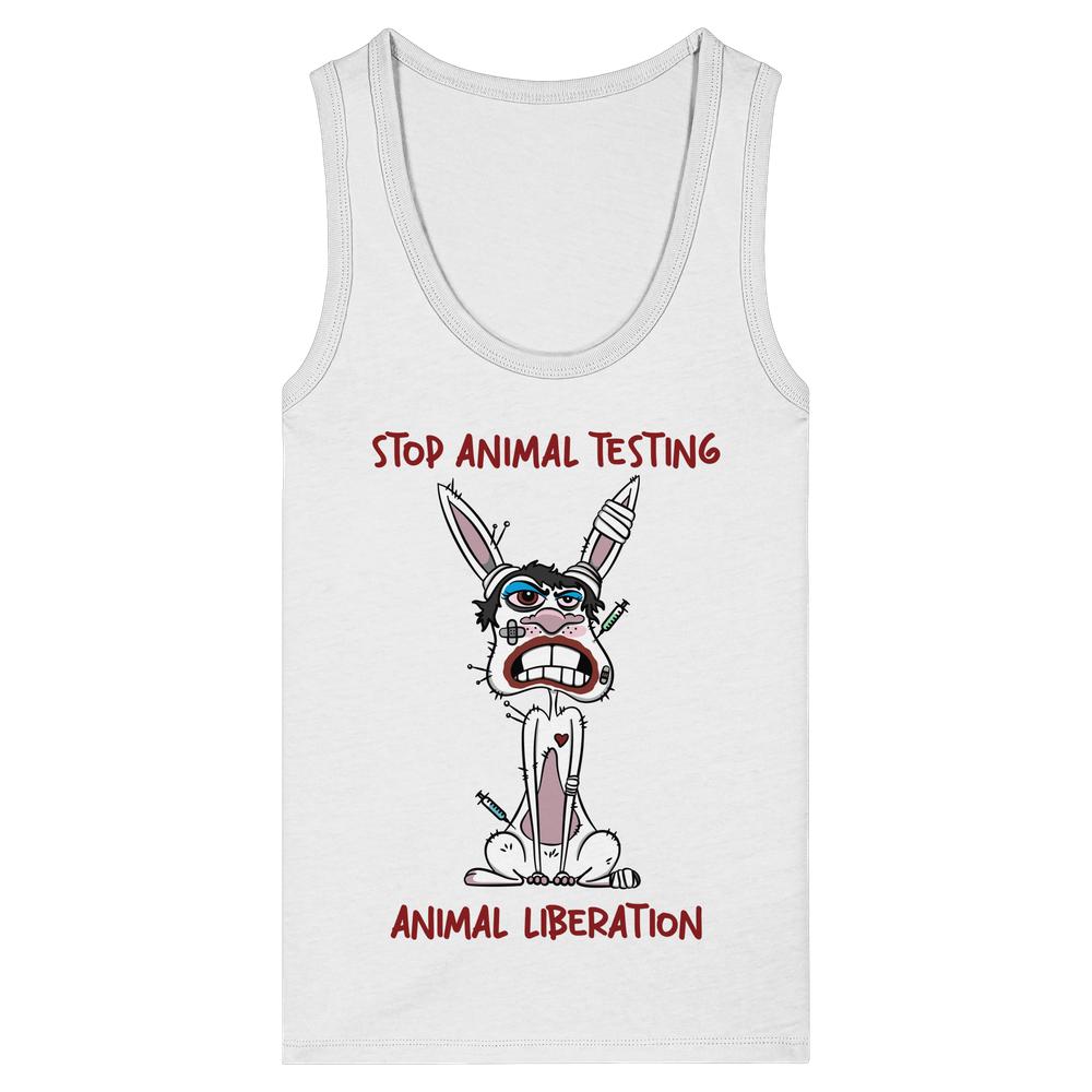 Vegan und Bio Ladies Tank Top: Weißes Shirt mit Anti-Tierversuch-Design, zeigt cartoonhaften, verletzten Hasen, um Grausamkeit von Tierversuchen zu verdeutlichen. Text: STOP ANIMAL TESTING, ANIMAL LIBERATION.