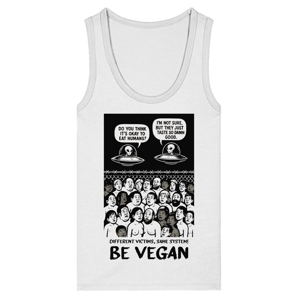 Vegan und Bio Ladies Tank Top: Alien Invasion - BE VEGAN!, zeigt Cartoon-Print mit Alien-Dialog und Menschen in Gefangenschaft, fordert Empathie für Tiere.
