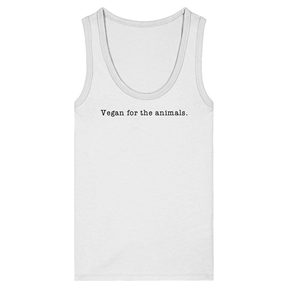 Ärmelloses, weißes Tanktop mit dem Schriftzug „Vegan for the animals.“ in schwarzer Schreibmaschinen-Schrift, aus 100% Bio-Baumwolle, eng anliegend, von RUDE REBEL.
