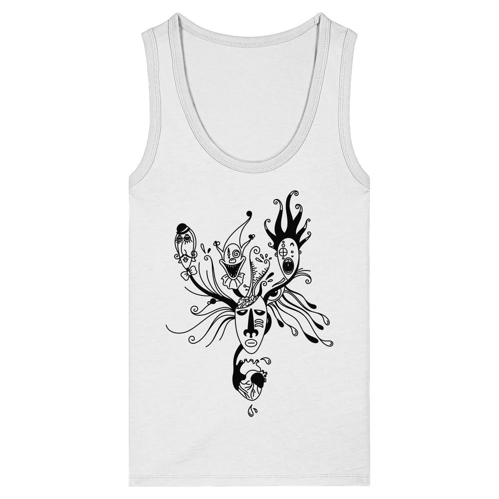 Vegan und Bio Ladies Tank Top: Mental Health - Behind the Mask, zeigt surrealen Druck mit Gesicht, Geweih-Tentakeln und Herz, auf weißem, ärmellosem Bio-Baumwolle-Top.