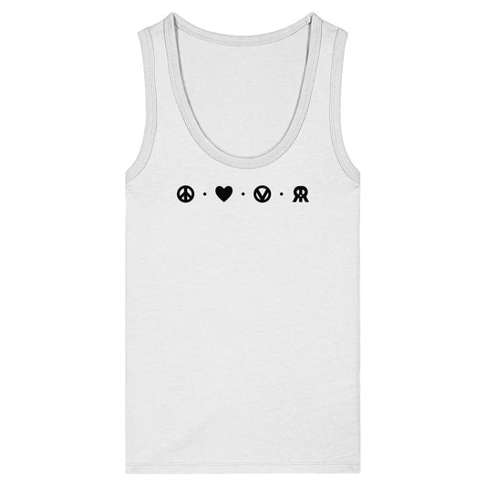 Damen Tank Top Vegan und Bio Ladies Tank Top: Peace - Love - Veganism - RUDE REBEL mit vier Symbolen: Frieden, Liebe, Veganismus, Rebellion, aus 100% Bio-Baumwolle.