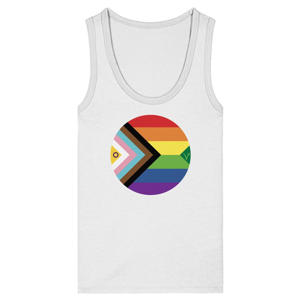 Vegan und Bio Ladies Tank Top: LGBTQAI+ Veganismus, zeigt ein grafisches Pride-Flaggen-Design, erweitert um ein grünes V für Veganismus. Hergestellt aus 100% Bio-Baumwolle.