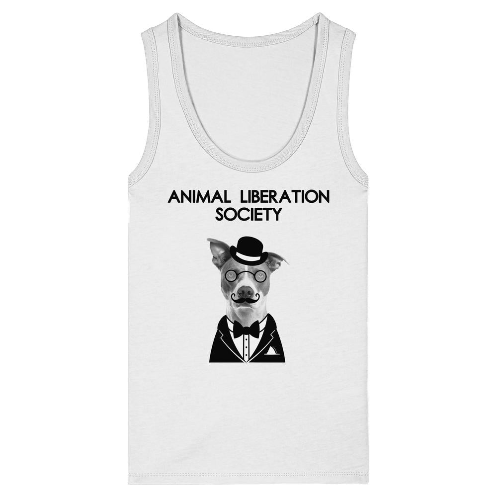 Vegan und Bio Ladies Tank Top: Mr. Dog - Animal Liberation Society, zeigt einen formell gekleideten Hund mit Brille und Hut, aus 100% Bio-Baumwolle.
