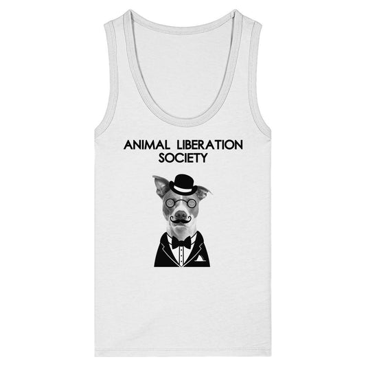 Vegan und Bio Ladies Tank Top: Mr. Dog - Animal Liberation Society, zeigt einen formell gekleideten Hund mit Brille und Hut, aus 100% Bio-Baumwolle.