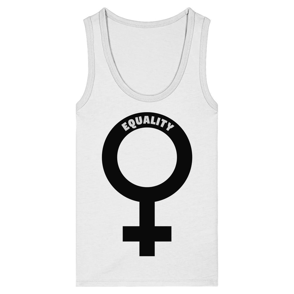 Ärmelloses Tanktop aus Bio-Baumwolle mit schwarzem Venussymbol und EQUALITY.-Schriftzug, symbolisiert Feminismus und Gleichstellung, enganliegend geschnitten.