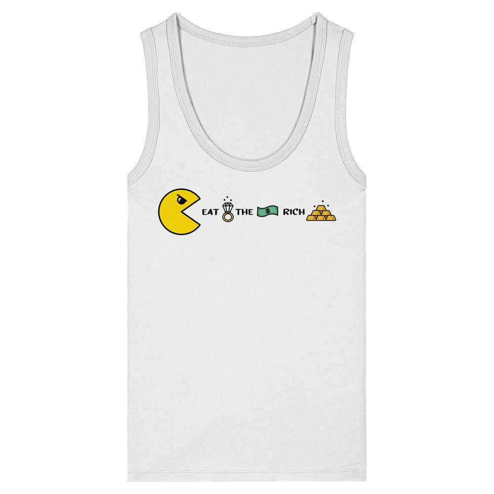 Vegan und Bio Ladies Tank Top mit Pac-Man-Design, Eat the Rich und Symbolen für Reichtum, aus 100% Bio-Baumwolle, von RUDE REBEL, rebellisches Design.