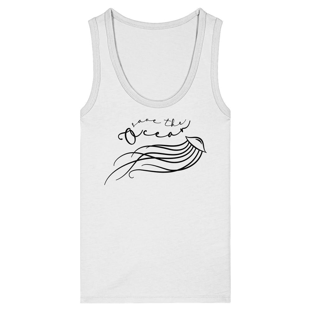 Vegan und Bio Ladies Tank Top: Jellyfish - Save the Ocean, weiß, ärmellos, mit handgezeichnetem Save the Ocean-Schriftzug und stilisierter Qualle. Hergestellt aus 100% Bio-Baumwolle.