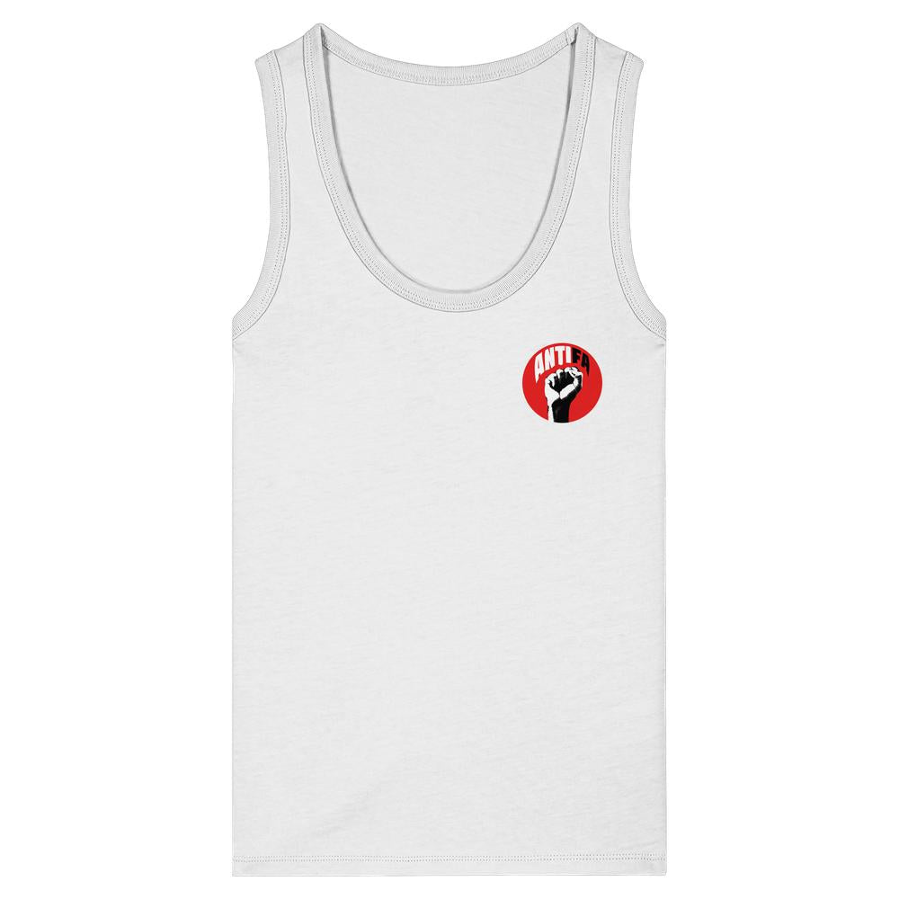 Damen-Tanktop in Weiß mit Rundhalsausschnitt und kleinem ANTIFA-Logo vorne