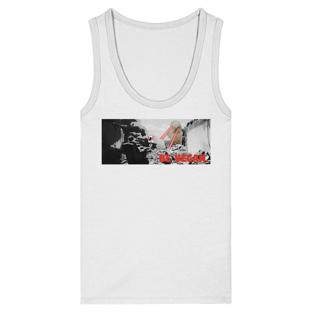 Vegan und Bio Ladies Tank-Top BE VEGAN zeigt Grafik mit zerstörter Szene und laserstrahlendem Schweinekopf, 100% Bio-Baumwolle, für Tierrechtsstatement.