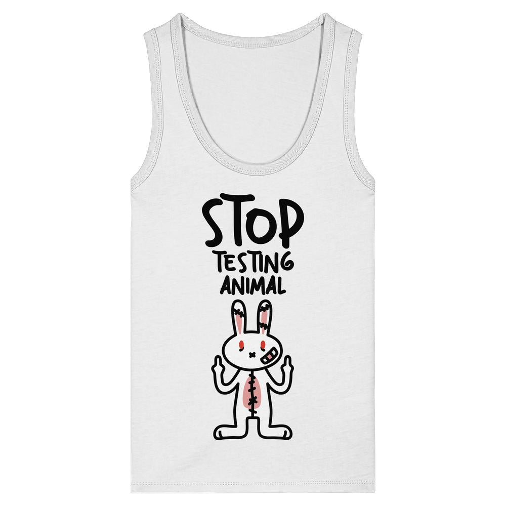 Ärmelloses, eng anliegendes Tank-Top aus Bio-Baumwolle mit STOP TESTING ANIMAL-Text und wütendem Cartoon-Häschen, das Tierversuche kritisiert. Markenname: Vegan und Bio Ladies Tank-Top: Angry Rabbit - Animal Rights.