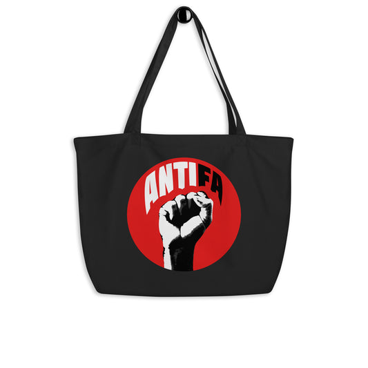 Große Stofftasche schwarz mit kurzen Henkeln und rundem ANTIFA-Logo mit Faust