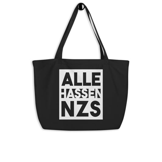 Große schwarze Stofftasche mit langen Henkeln und Aufdruck „ALLE HASSEN NZS“