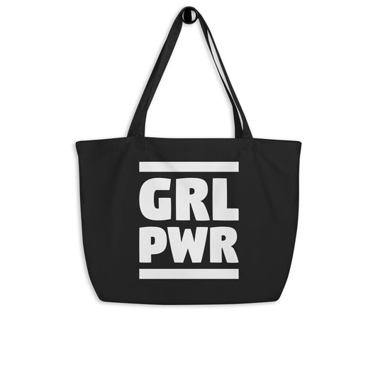 Große Stofftasche schwarz mit „GRL PWR“-Aufdruck und breiten Tragegriffen